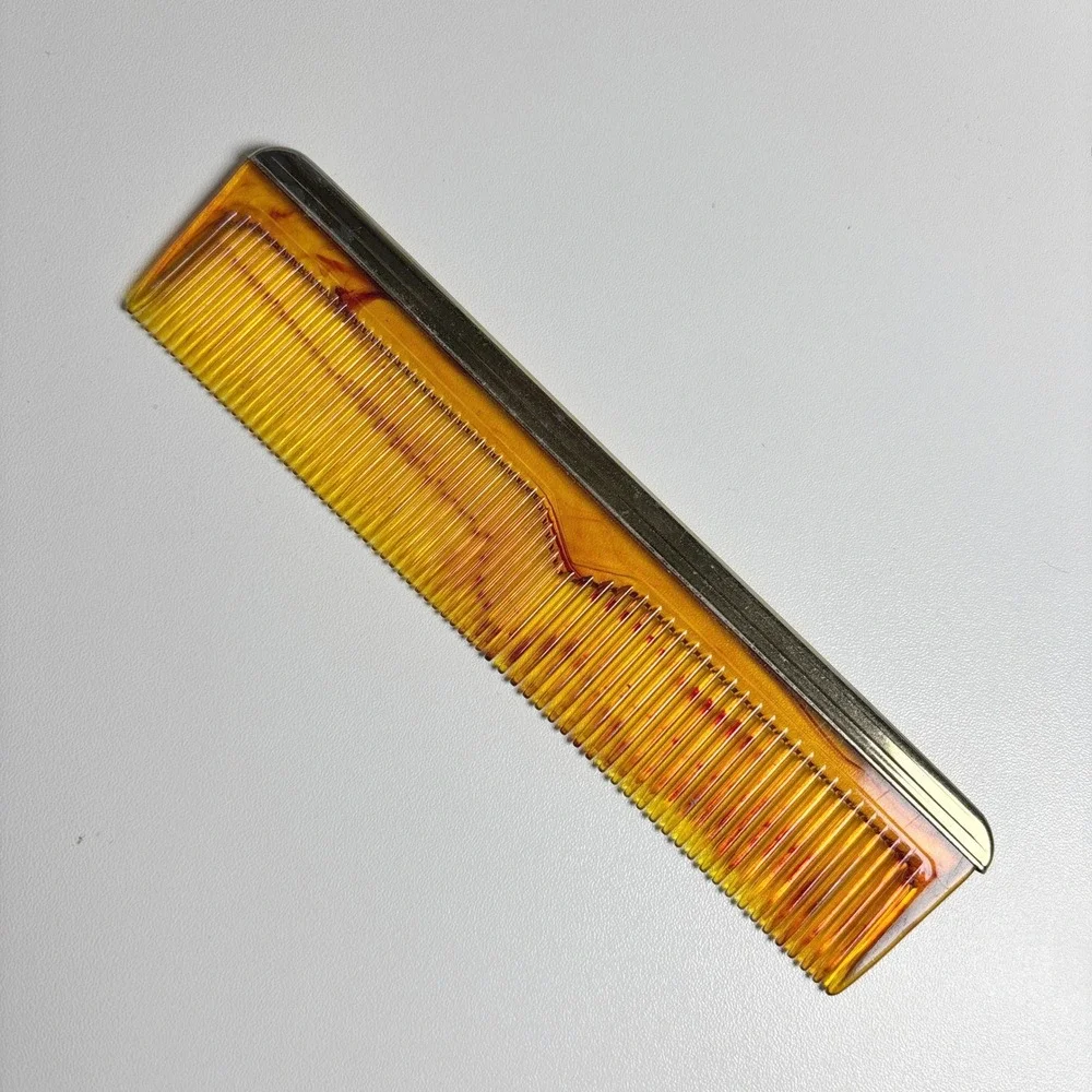 Vintage Faux‎ Tortoise Shell Pocket Comb Gold Tone Metal Trim Amber Brown 5 Inch